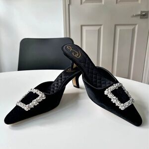 Sam Edelman Black Velvet Mules with Pearl Buckle